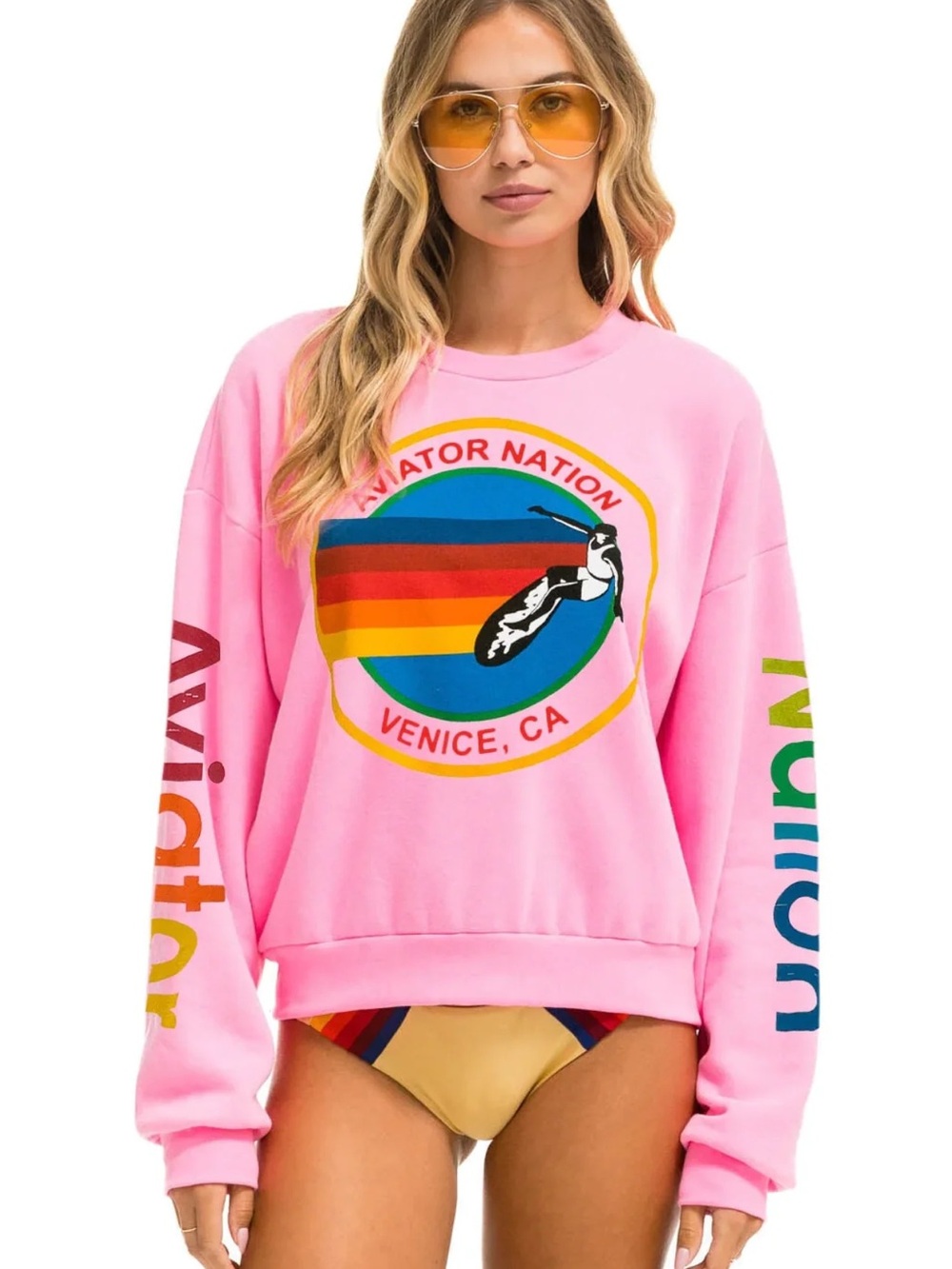 AVIATOR NATION RELAXED CREW UNISEX SWEATSHIRT - NEON PINK